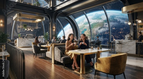 Cosmic Cafe: Two women share a moment in a futuristic cafe with a breathtaking view of Earth from orbit, blending science fiction aesthetics with a sophisticated lounge atmosphere.