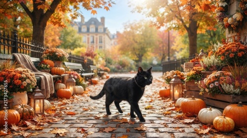 Mysterious Black Cat in Autumnal Splendor: A sleek black cat, with striking emerald eyes, confidently strolls along a cobblestone path lined with pumpkins and vibrant autumn foliage.