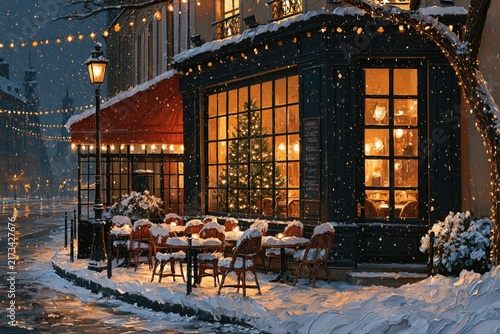 Cozy Parisian Cafe at Christmas Night with Snow, Lights and Festive Tree, Holiday Greeting Card