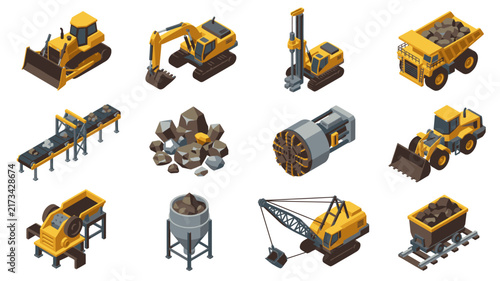Collection of yellow construction vehicles and equipment.