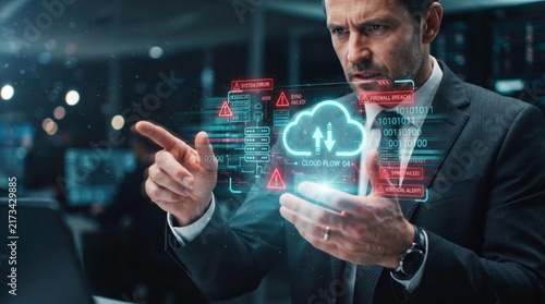 Data Security Analyst: A focused professional in a suit examines a holographic cloud interface, surrounded by digital alerts, indicating a concern for data integrity and system security.