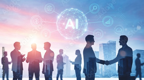 AI in Business: A futuristic cityscape at sunset serves as the backdrop for a diverse group of professionals engaging in a handshake.