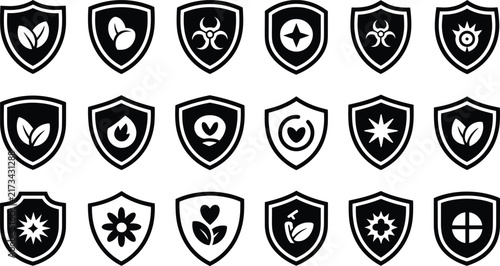 Eco shield and protection badge set with organic symbols