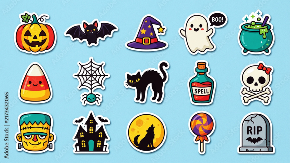 Obraz premium Whimsical Halloween sticker set with pumpkin bat witch hat ghost cauldron candy corn spider web black cat potion skull frankenstein haunted house wolf tombstone.