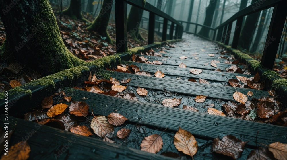 Obraz premium Wooden stairs descend into a foggy forest covered in moss and wet autumn leaves. A secluded path winds down through the damp, dark woods creating a mysterious and tranquil atmosphere for hikers.