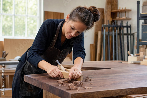 Obraz na płótnie Woman Woodworker Using Hand Plane on Custom Walnut Table in Studio