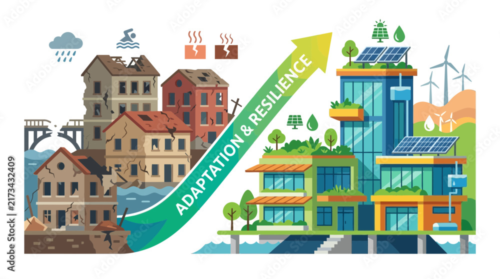 Naklejka premium Sustainable Urban Planning Showing Climate Adaptation and Resilience Transition