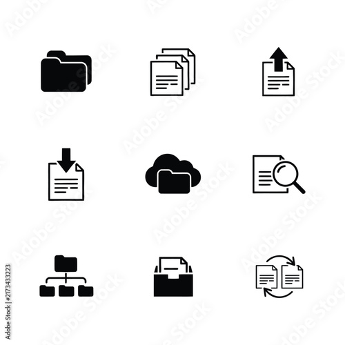 Flat design office icons set for business workflow. Vector collection of professional workplace symbols and digital communication tools.