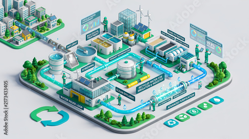 Isometric 3D circular water management and purification plant facility