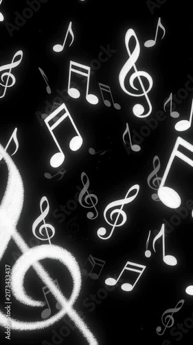 Glowing musical notes and treble clefs drift across dark background with smooth motion, creating abstract monochrome animation of floating symbols, rhythmic patterns, and luminous composition
