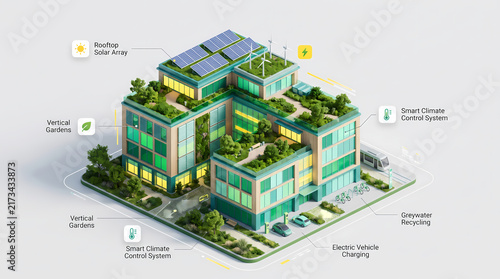 Isometric 3D eco-friendly building with rooftop solar vertical gardens and smart climate control
