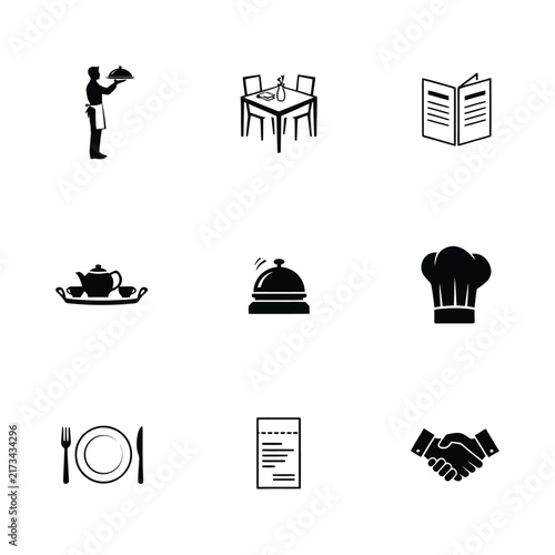 Restaurant service icons set for hospitality branding. Vector dining symbols for menus, apps, and signage design.