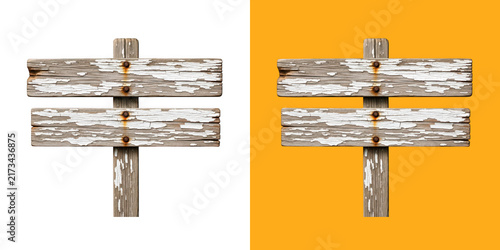 Foto Rustic weathered wooden signpost with double plank boards for directional signag