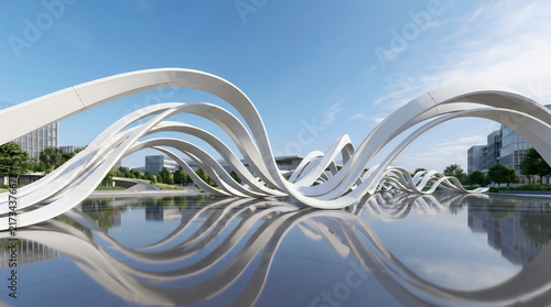 Cuadro en lienzo Modern white wavy sculpture reflecting in a calm water pool under a clear blue s