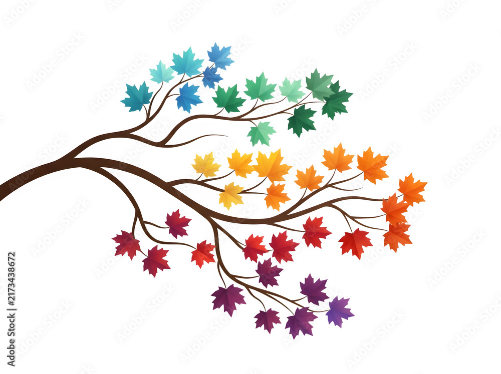 Fototapeta premium Colorful maple tree branch with gradient leaves funny animal emoji isolated on transparent background