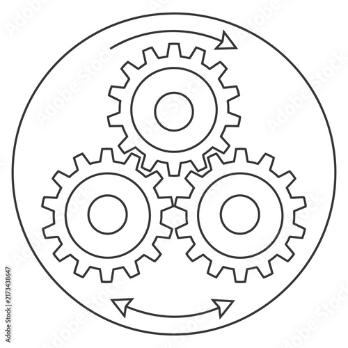 Three interlocking gears icon with circular arrows, representing mechanical process, teamwork, or engineering concept