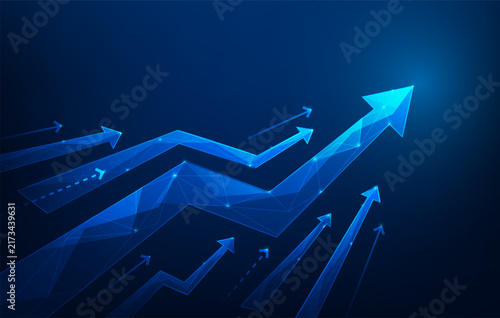 business arrow trend upward growth achievement blue background. economy and investment increase low poly wireframe banner. vector illustration fantastic technology.
