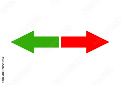 Simple green and red double directional arrow pointing left and right, isolated on a white background. Clean graphic symbol representing opposite directions, navigation, movement, choice, comparison, 