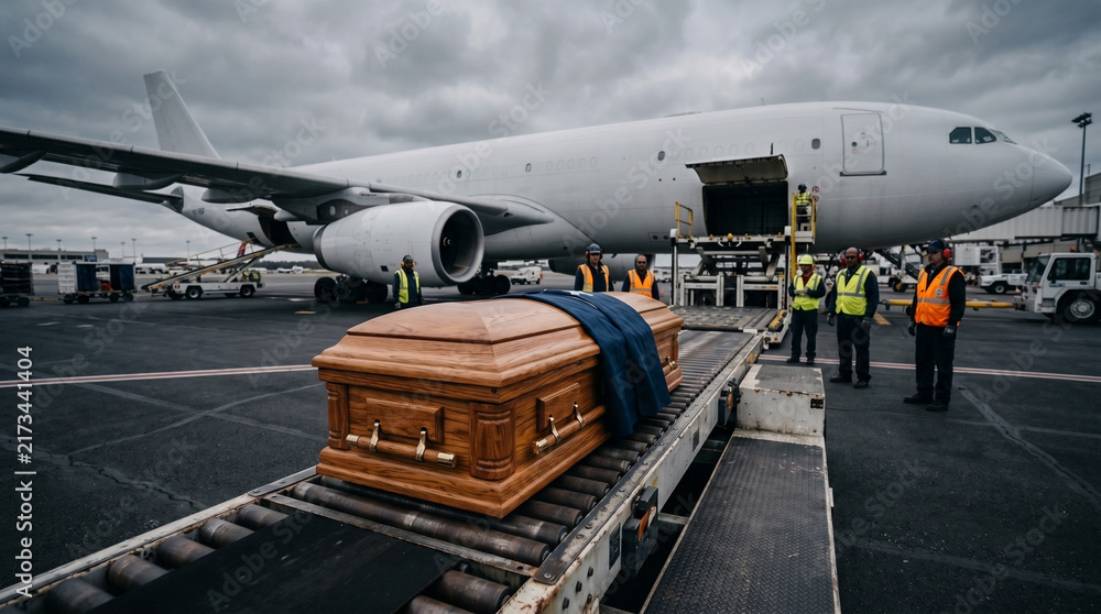 Fototapeta premium A wooden casket being loaded onto a cargo airplane at an airport tarmac by a team of ground crew workers under a cloudy sky