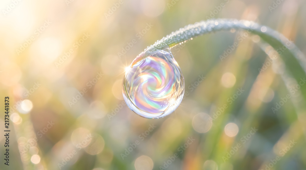 Obraz premium Macro of rainbow swirl inside dewdrop on grass blade with soft morning sun bokeh