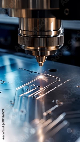 Laser engraving head moves across electronic circuit board surface creating bright sparks during precise manufacturing process with metallic components, detailed close view of automated industrial