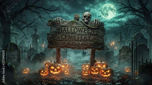 Spooky Halloween Cemetery Entrance: A hauntingly beautiful scene unfolds at the entrance of a Halloween cemetery, with a weathered wooden sign bearing HALLOWEEN CEMETERY guarded by skeletal hands.