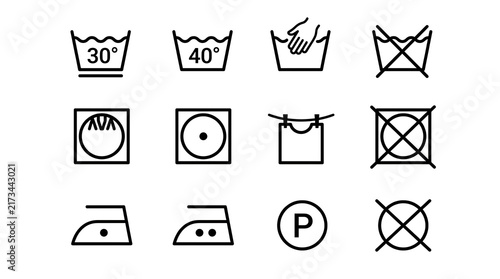 Set of minimalist laundry care instruction icons for clothing labels and textile tags