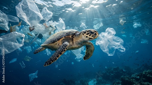 Sea turtle swimming in ocean water polluted with floating plastic waste and trash