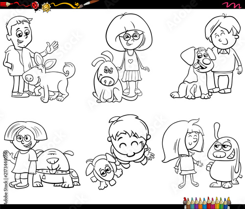 cartoon kids and their pups pet characters set coloring page