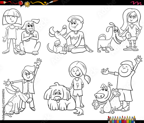 cartoon kids and their puppies pet characters set coloring page