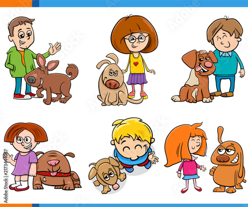 cartoon kids and their pups pet characters set