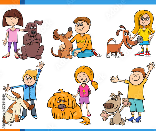 cartoon kids and their puppies pet characters set
