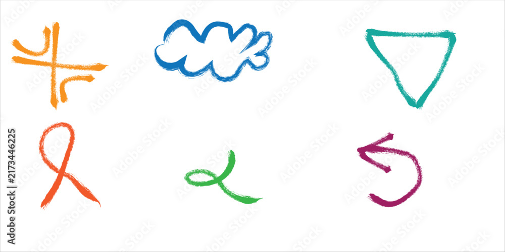 Obraz premium Colorful hand drawn brush doodles set, textured sketch arrows and abstract symbols concepts