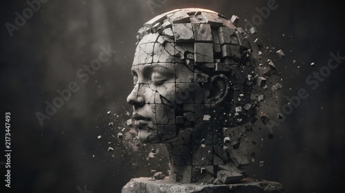 Fragmented Consciousness: A stone sculpture of a human head, with its features dissolving into a cascade of geometric fragments.