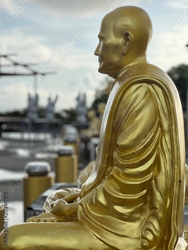 Photography Golden Buddha Statue Sitting Profile View in Thai Temple, Serene Golden Monk Scu