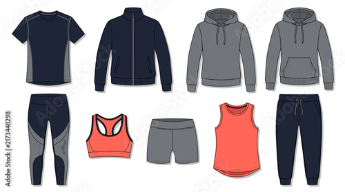 Sportswear and athletic apparel vector mockup collection featuring hoodie jacket leggings sports bra shorts sweatpants t-shirt isolated on white background