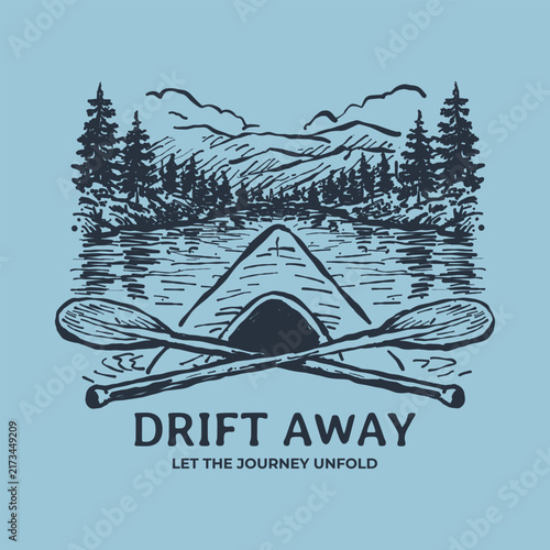 Kayak on River with Mountains and Paddles Illustration