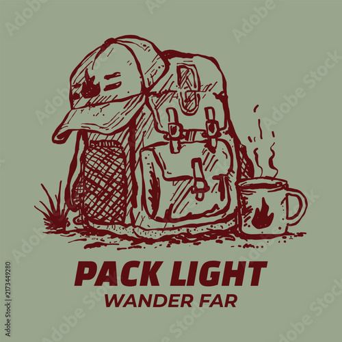 Camping Backpack and Mug Hand-Drawn Illustration