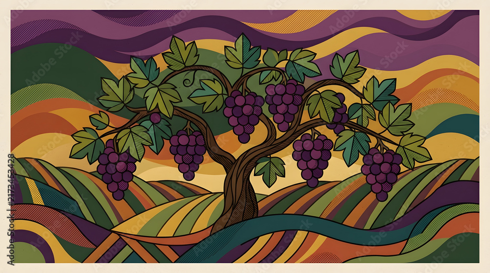 Obraz premium Stylized vineyard landscape illustration | Modern graphic art of grapevine with purple grapes | Abstract winery logo design concept | Vineyard harvest scene with geometric patterns