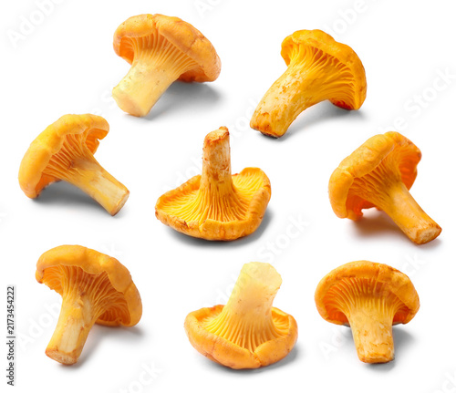 Foto Fresh chanterelles isolated on white, set. Edible mushrooms