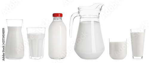 Fotografía Fresh milk in different glassware isolated on white, set