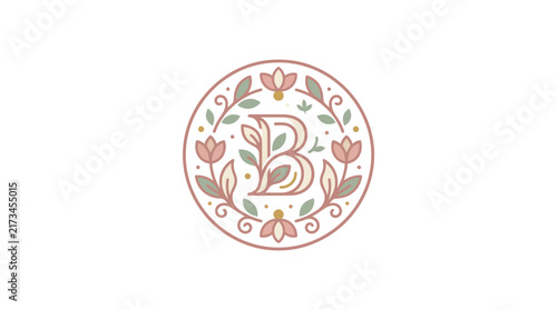 Elegant Letter B Monogram with Floral Circular Wreath and Botanical Elements