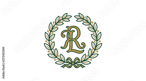 Elegant Laurel Wreath Emblem with Interlocked RL Monogram Gold and Green Design
