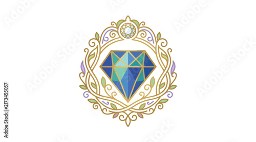 Elegant Luxury Blue Diamond Gemstone Inside Golden Ornate Floral Filigree Frame