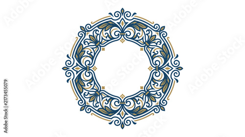 Elegant Luxury Circular Border with Blue and Gold Ornate Filigree Scrollwork