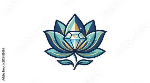 Elegant Lotus Flower Logo with Shining Diamond Gemstone Vector Illustration