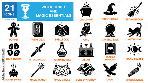 Witchcraft and magic essential icon set. Spell book, potion bottle, mystic wiccan vectors.