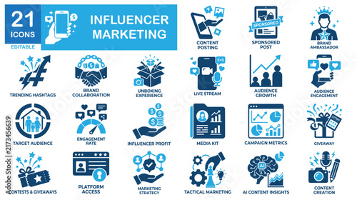 Influencer marketing icon set. Social media creators, viral content, digital promotion vectors.