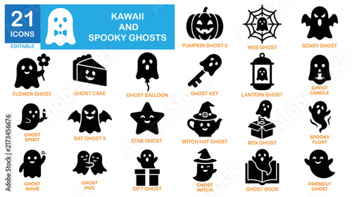 Kawaii and spooky ghost icon set. Cute phantom, creepy spirit, adorable halloween vectors.