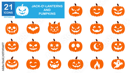 Jack-o'-lantern and pumpkin icon set. Halloween carving, autumn squash, festive vectors.